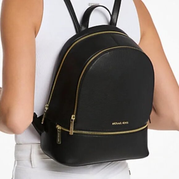 Michael Kors Rhea Medium Pebble Leather Backpack Bag Black - Picture 2 of 7